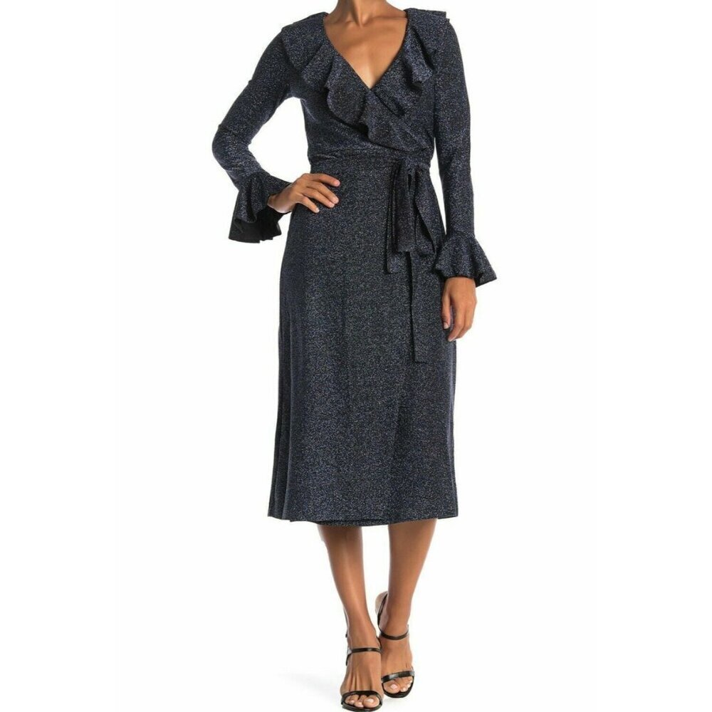 Free People One More Time Blue Black Shimmer Ruffle Midi Wrap Dress  S - Picture 5 of 5